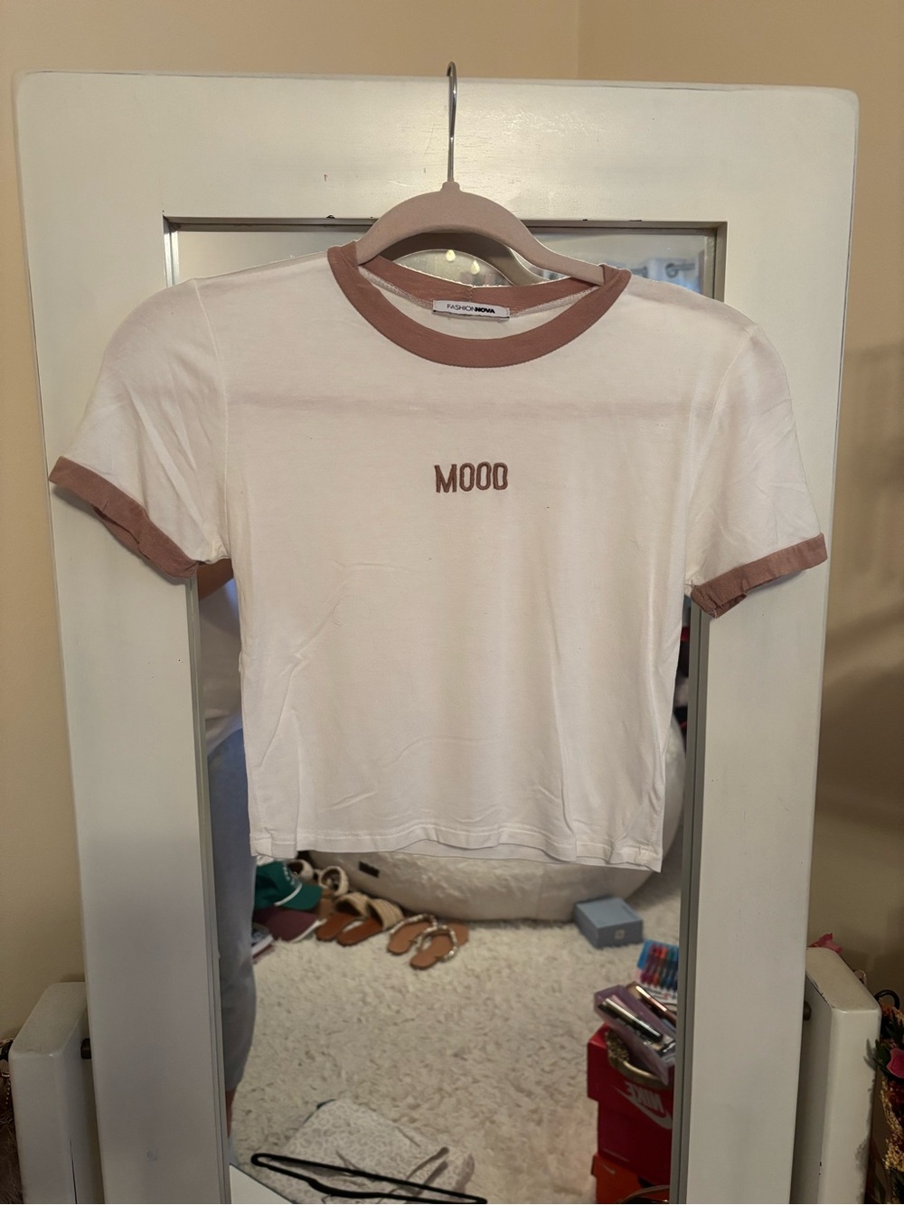 Fashion Nova White & Brown 'Mood' Ringer Crop Tee